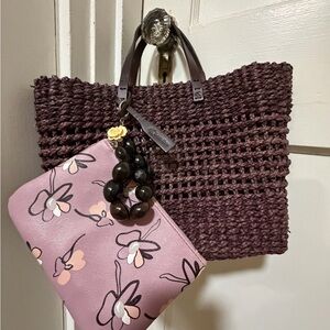 Calvin Klein Purple Woven Tote with Pink Floral Pouch